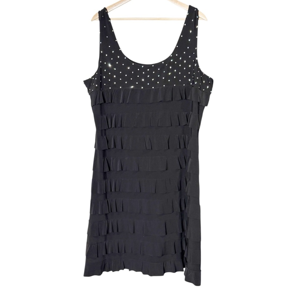 Tango Mango RhineStone Ruffle Layered Slimming Black Stretch Knit Dress Size 1X